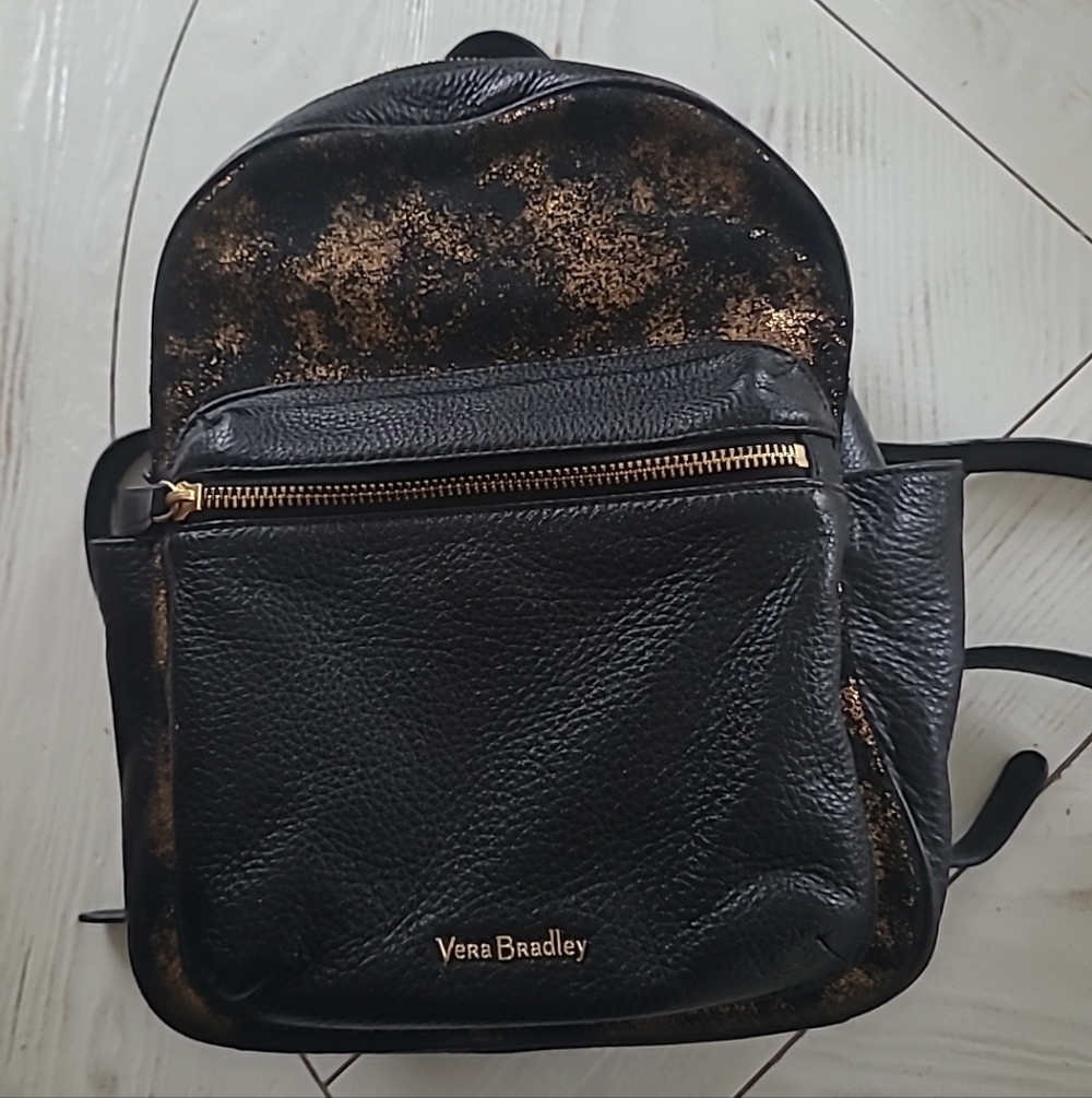 Vera Bradley Leighton Leather Backpack Black with Gold Accents